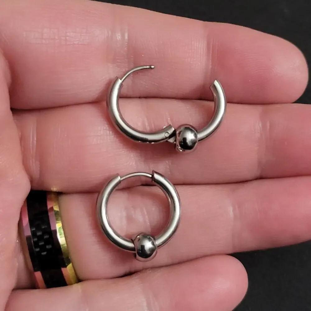Men's silver stainless steel ball charm mini hoop earrings